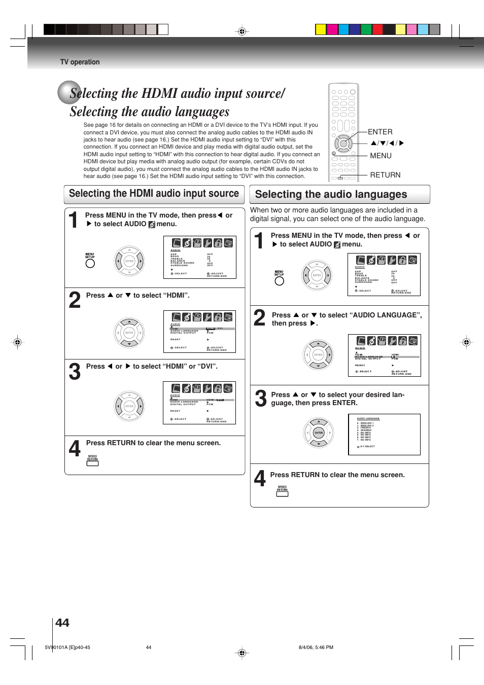 Selecting the hdmi audio input source, Selecting the audio languages | Toshiba MW26H82 User Manual | Page 44 / 84