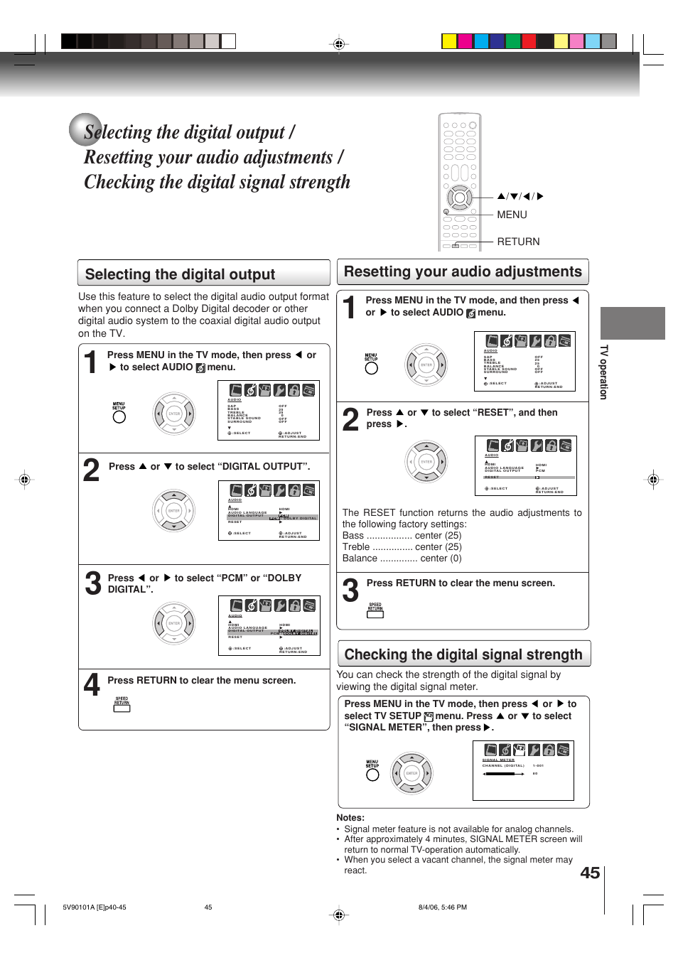 Selecting the digital output, Resetting your audio adjustments, Checking the digital signal strength | Toshiba MW26H82 User Manual | Page 45 / 84