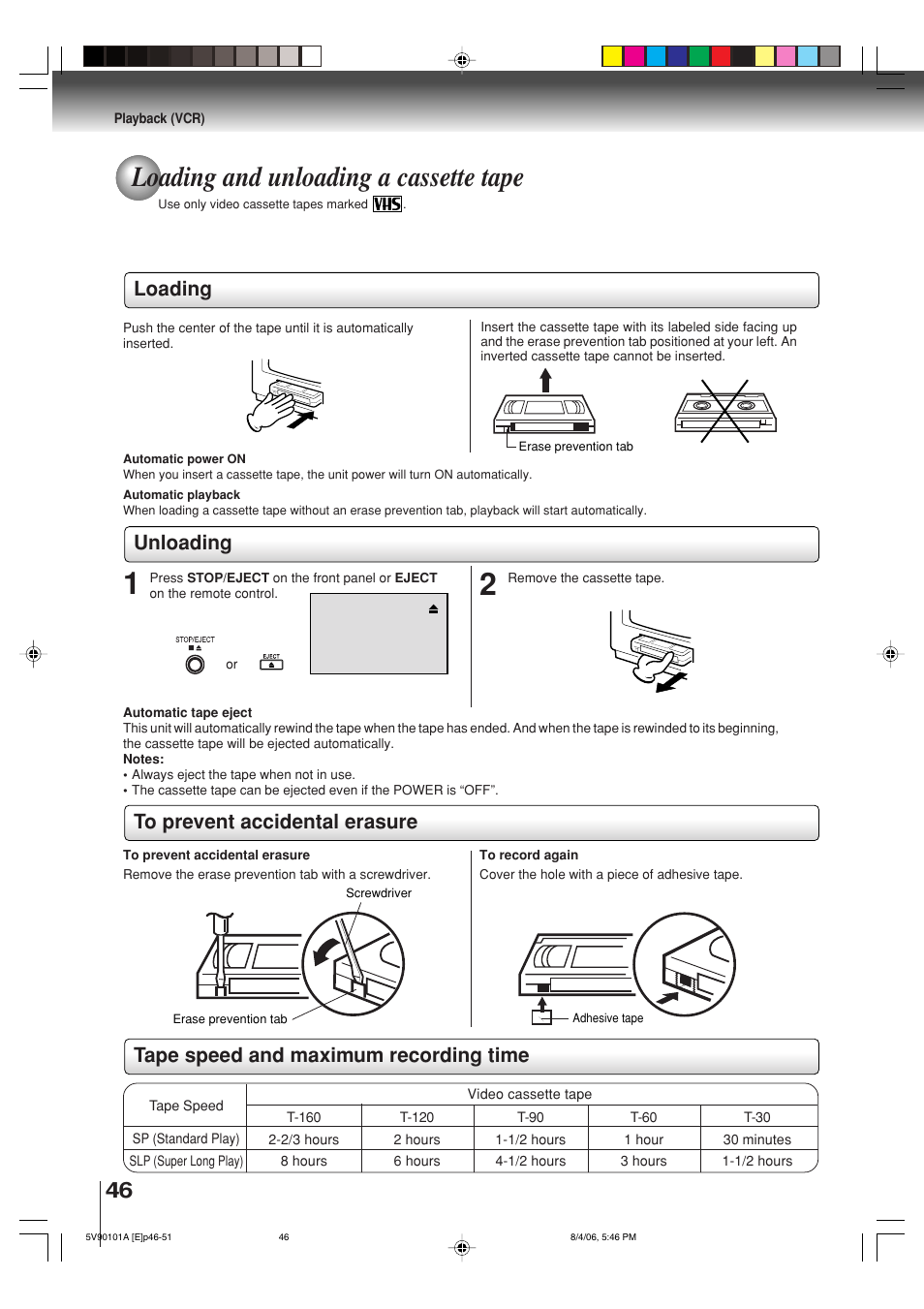 Loading and unloading a cassette tape, Loading, Unloading | Toshiba MW26H82 User Manual | Page 46 / 84