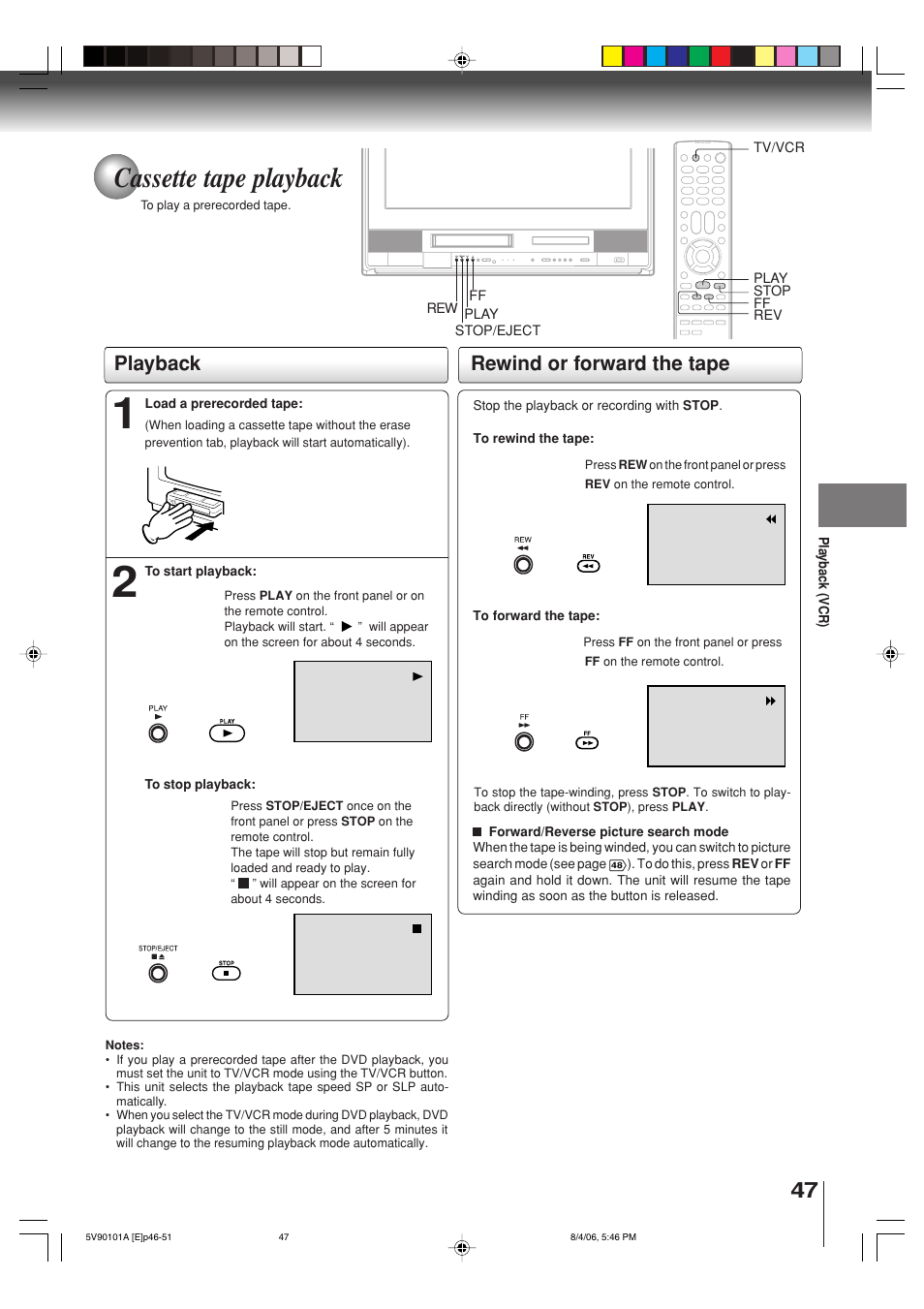 Cassette tape playback, Playback rewind or forward the tape | Toshiba MW26H82 User Manual | Page 47 / 84