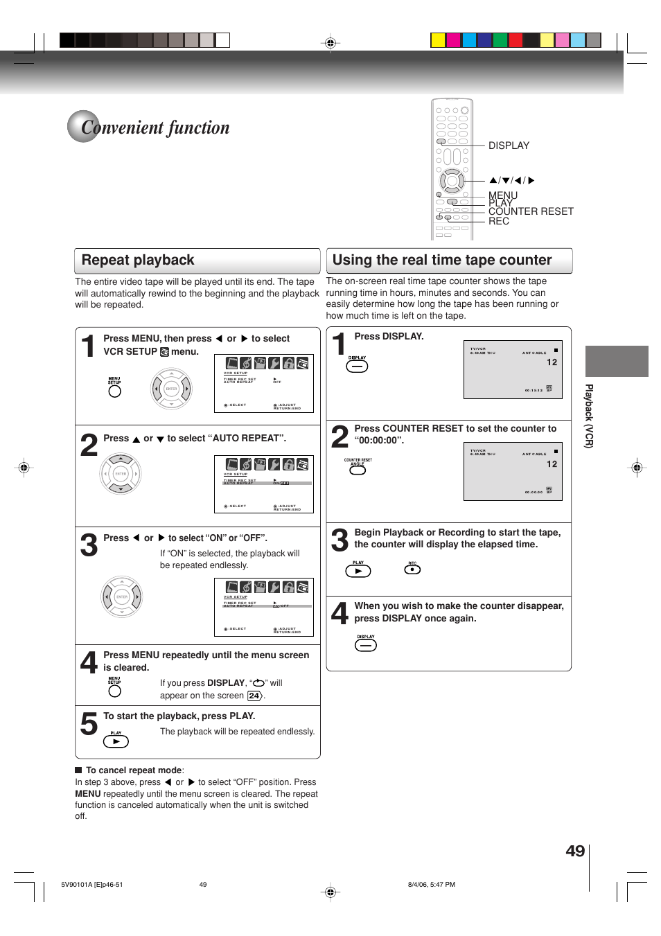 Convenient function, Repeat playback, Using the real time tape counter | Toshiba MW26H82 User Manual | Page 49 / 84