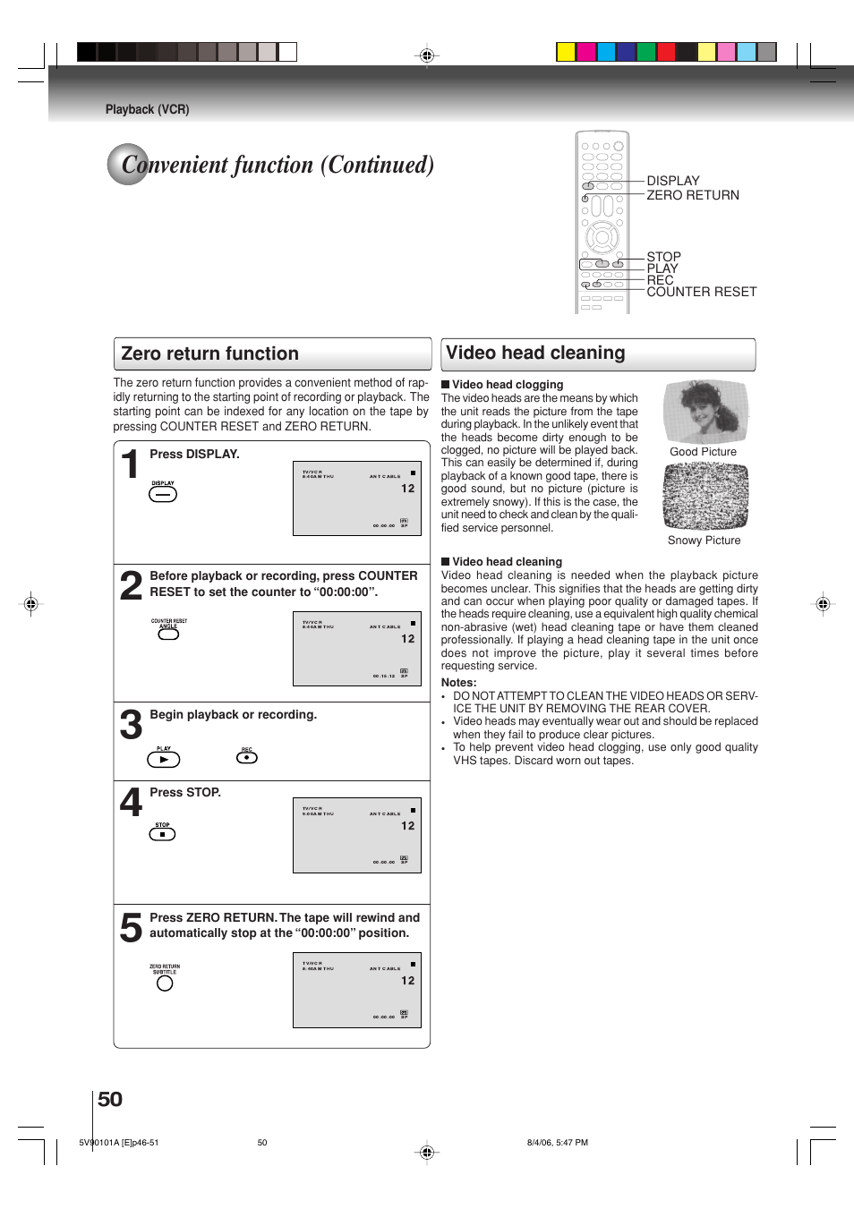 Convenient function (continued), Video head cleaning, Zero return function | Toshiba MW26H82 User Manual | Page 50 / 84