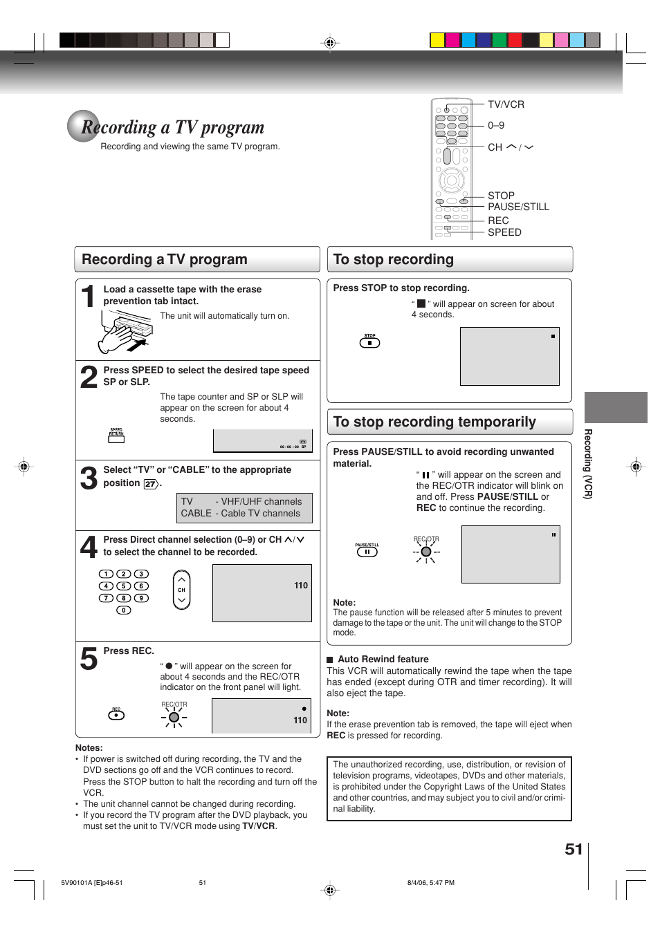 Recording a tv program | Toshiba MW26H82 User Manual | Page 51 / 84