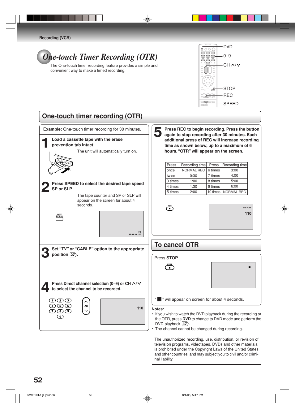 One-touch timer recording (otr) | Toshiba MW26H82 User Manual | Page 52 / 84