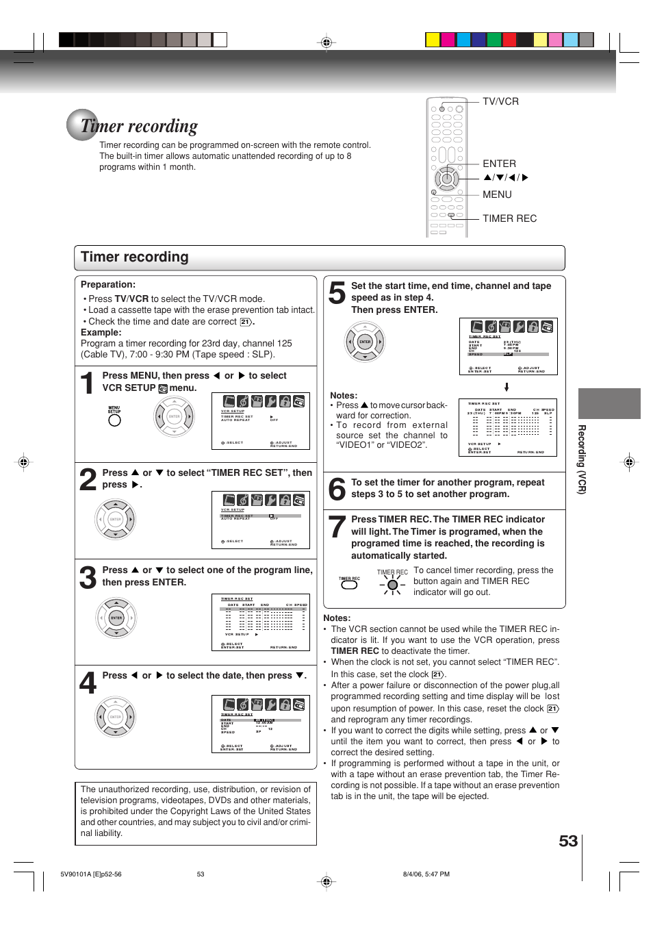 Timer recording, Recor ding (vcr), Enter timer rec menu tv/vcr | Toshiba MW26H82 User Manual | Page 53 / 84