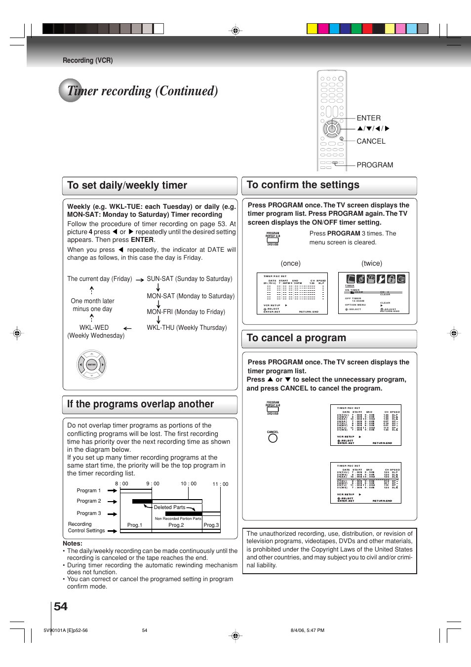 Timer recording (continued), Recording (vcr), Twice) (once) / / / cancel program enter | Press program 3 times. the menu screen is cleared | Toshiba MW26H82 User Manual | Page 54 / 84