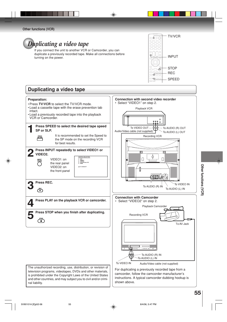 Duplicating a video tape | Toshiba MW26H82 User Manual | Page 55 / 84