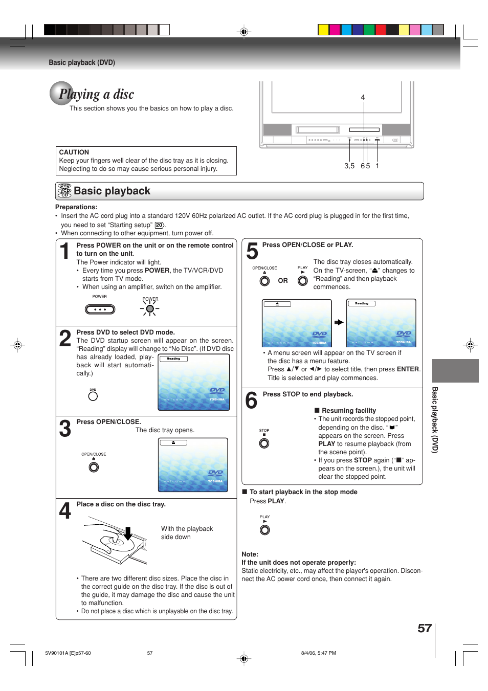 Playing a disc, Basic playback | Toshiba MW26H82 User Manual | Page 57 / 84