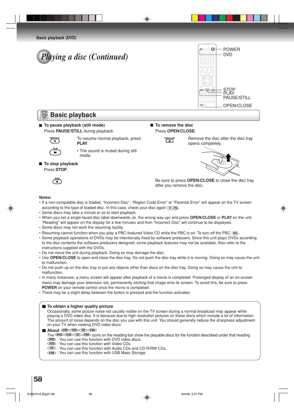 Playing a disc (continued), Basic playback | Toshiba MW26H82 User Manual | Page 58 / 84