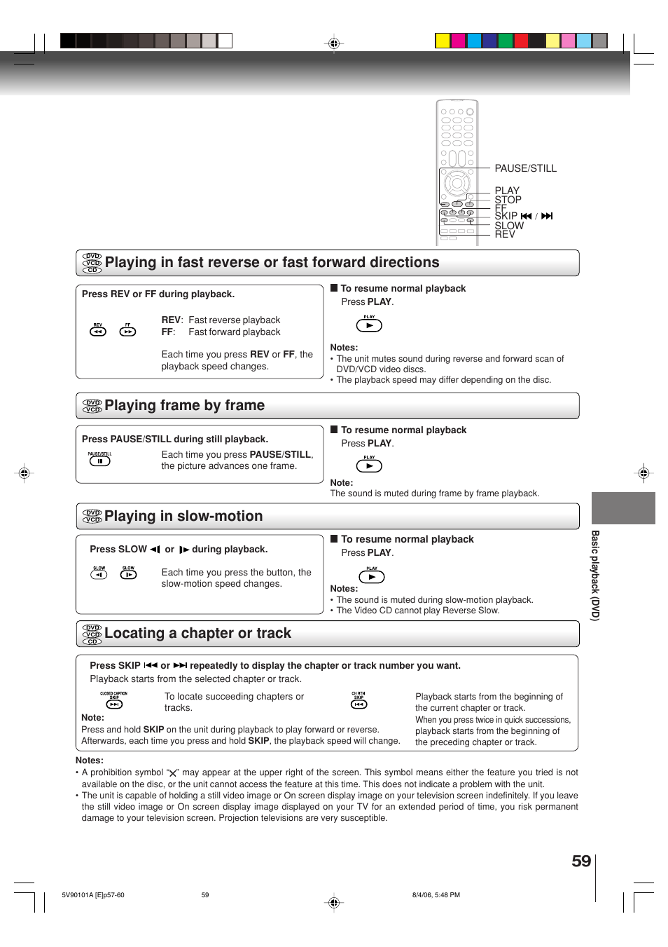 Playing in slow-motion locating a chapter or track | Toshiba MW26H82 User Manual | Page 59 / 84