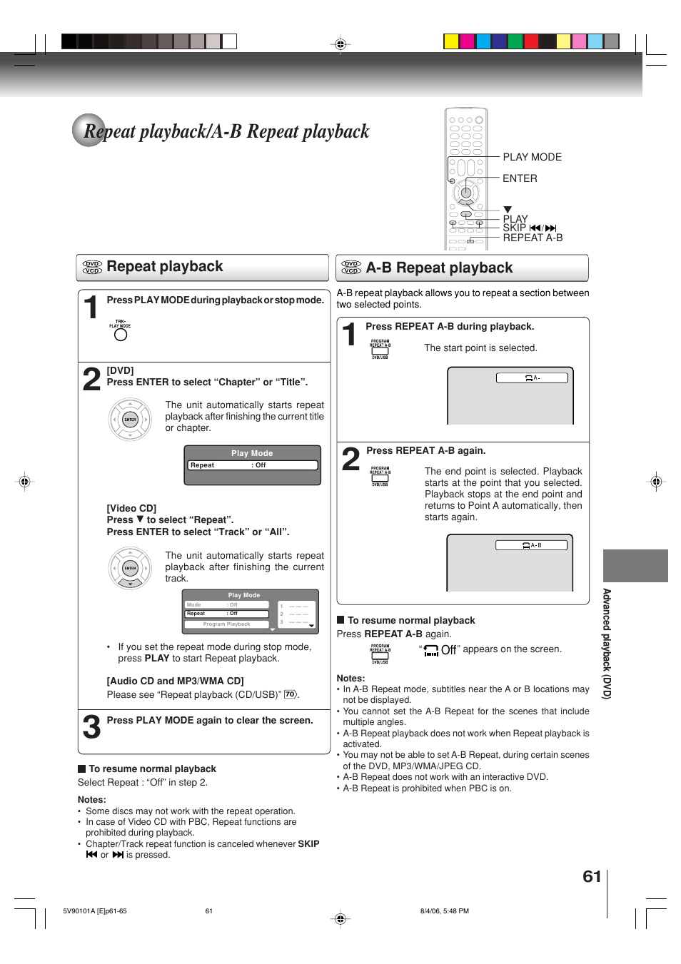 Repeat playback/a-b repeat playback, Repeat playback a-b repeat playback | Toshiba MW26H82 User Manual | Page 61 / 84