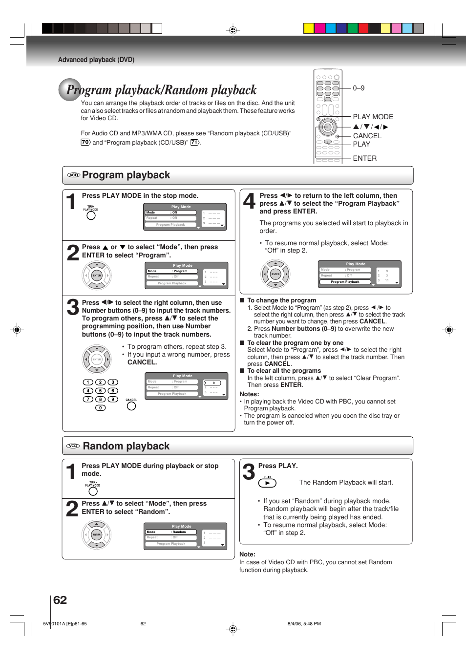 Program playback/random playback, Program playback, Random playback | Toshiba MW26H82 User Manual | Page 62 / 84