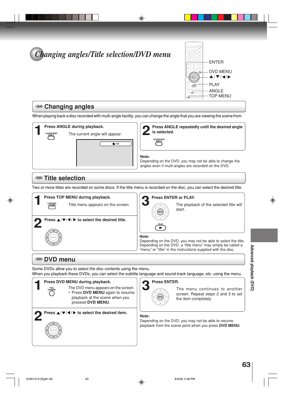 Changing angles/title selection/dvd menu | Toshiba MW26H82 User Manual | Page 63 / 84