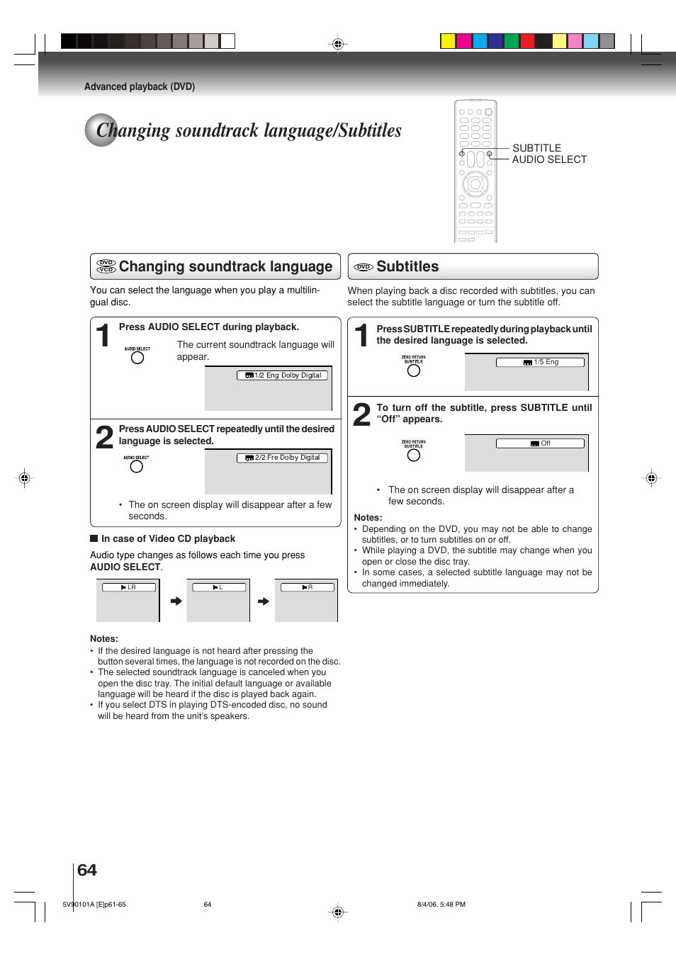 Changing soundtrack language/subtitles, Subtitles, Changing soundtrack language | Toshiba MW26H82 User Manual | Page 64 / 84