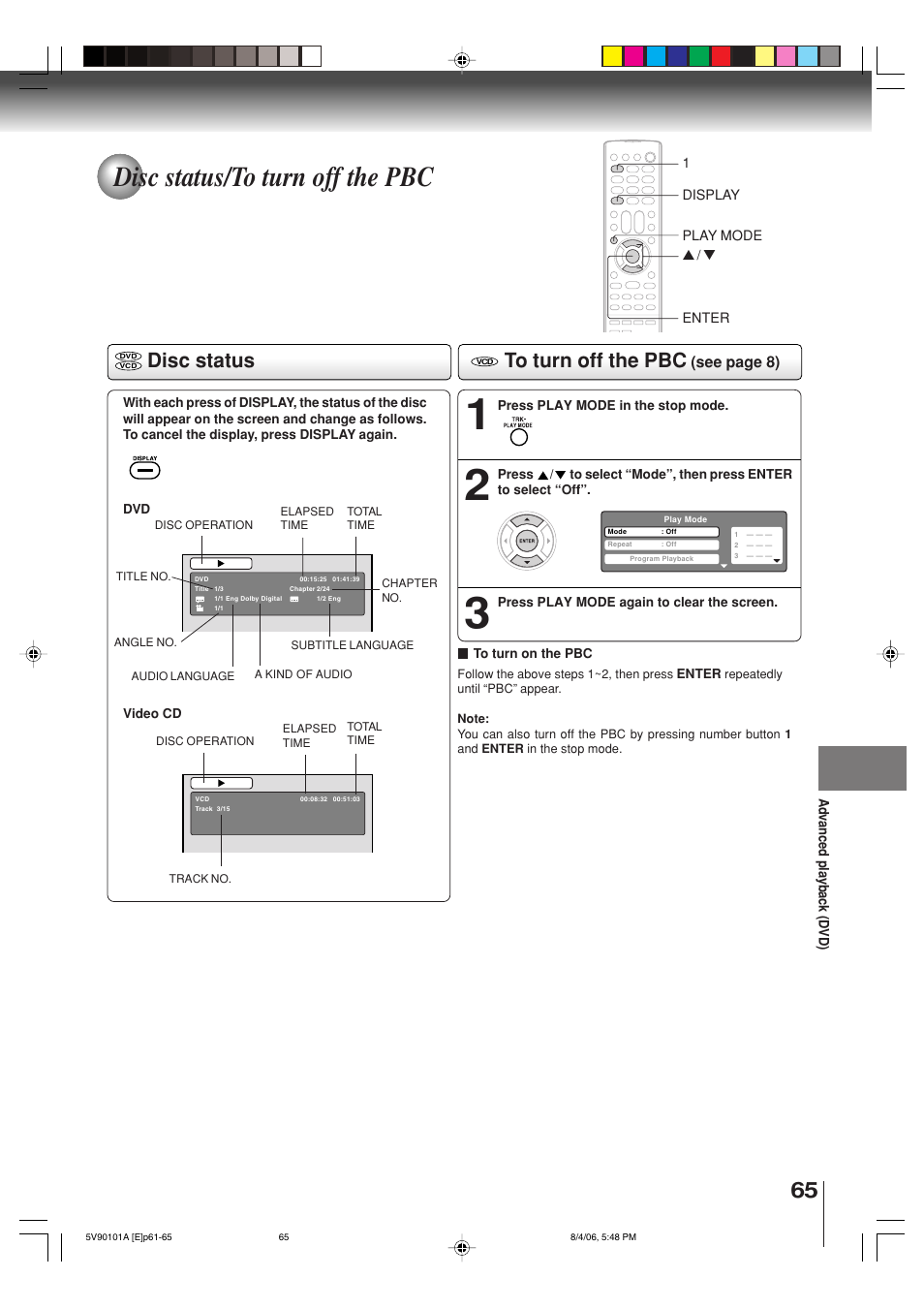 Disc status/to turn off the pbc, Disc status, See page 8) | Toshiba MW26H82 User Manual | Page 65 / 84