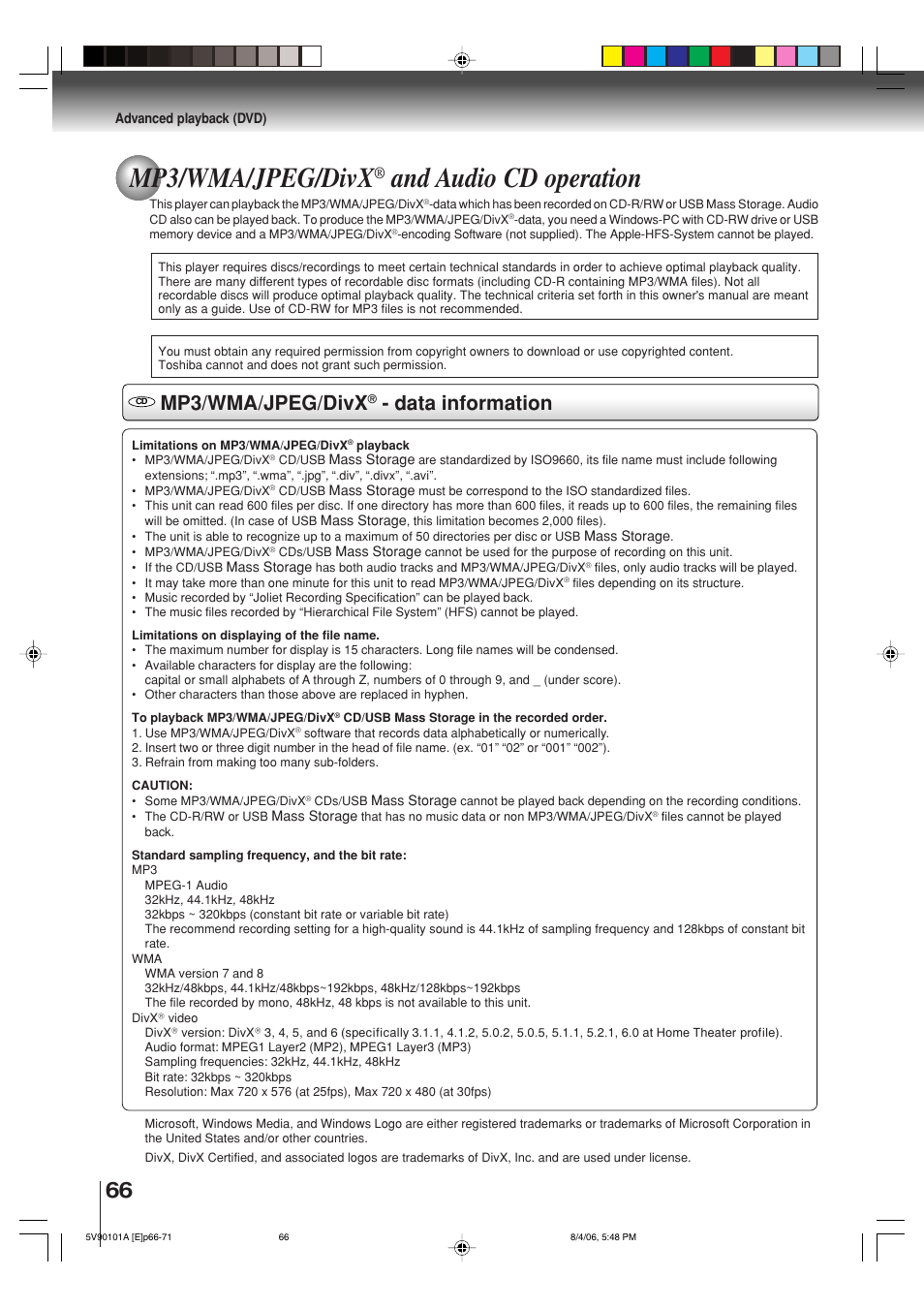 Mp3/wma/jpeg/divx, And audio cd operation, Data information | Toshiba MW26H82 User Manual | Page 66 / 84