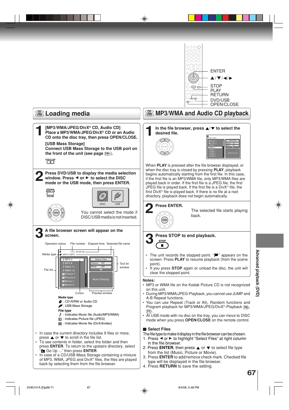 Loading media, Mp3/wma and audio cd playback | Toshiba MW26H82 User Manual | Page 67 / 84