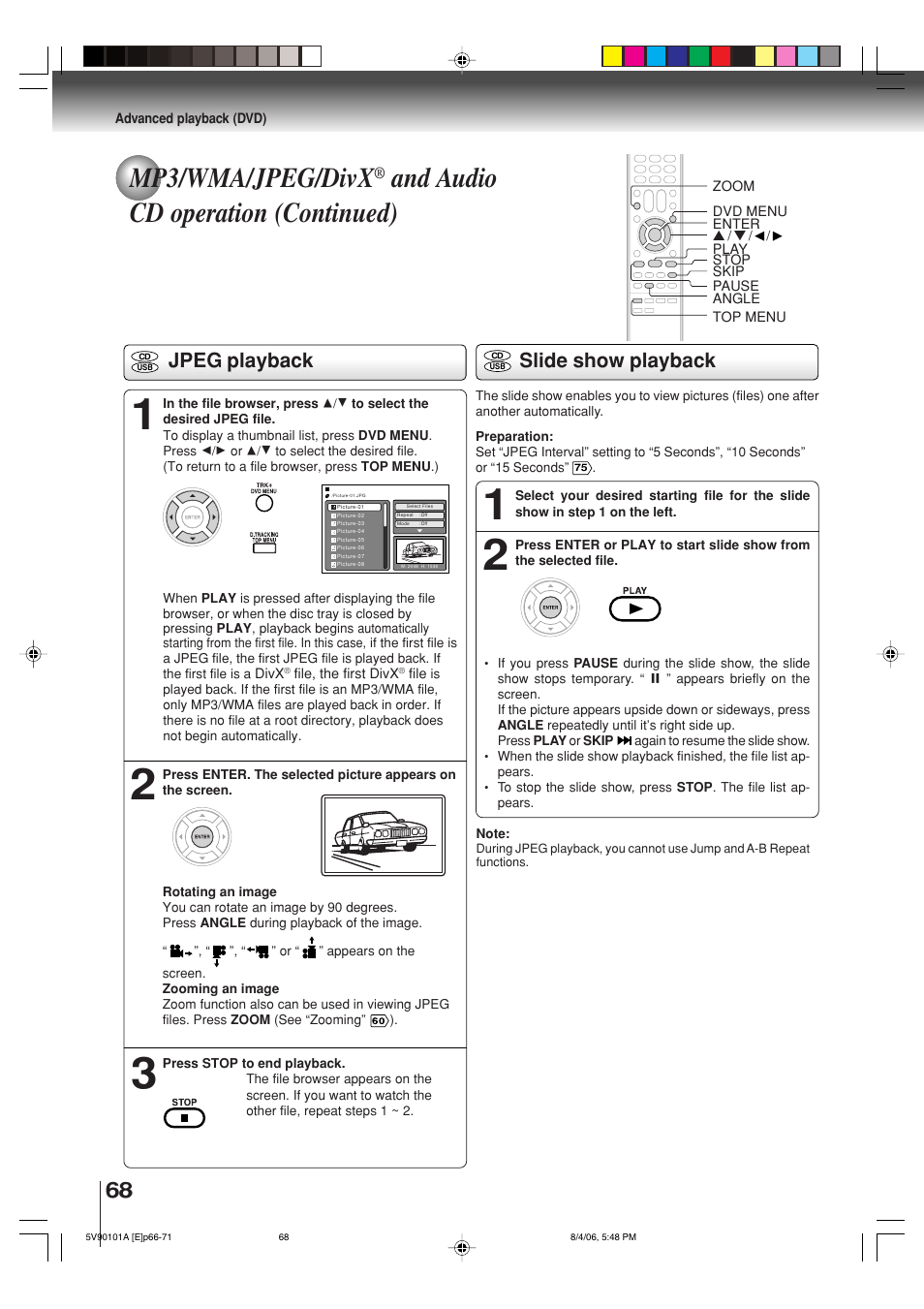 Mp3/wma/jpeg/divx, And audio cd operation (continued), Jpeg playback | Slide show playback | Toshiba MW26H82 User Manual | Page 68 / 84