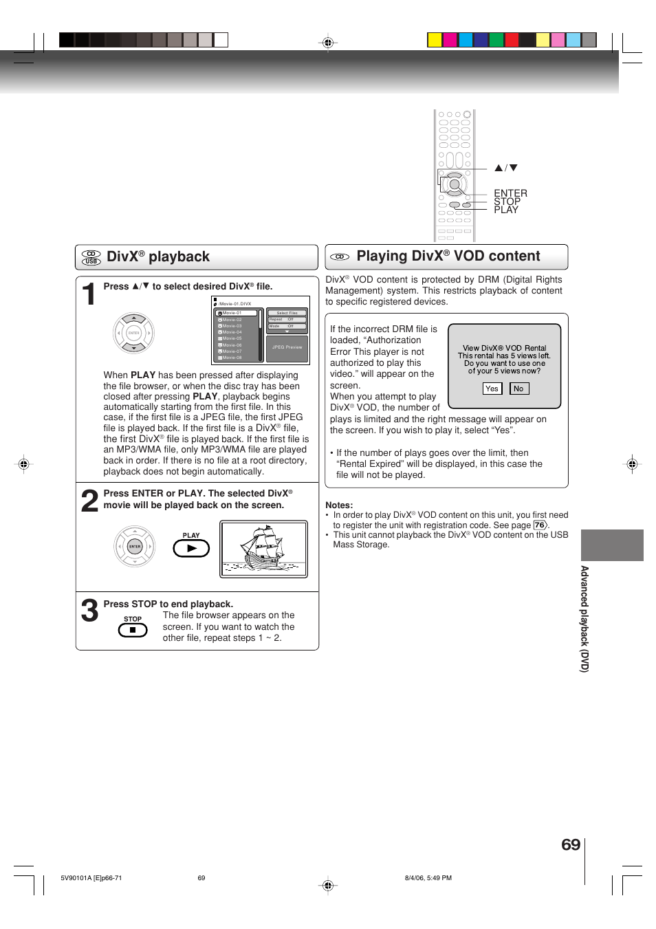 Divx, Playback, Playing divx | Vod content | Toshiba MW26H82 User Manual | Page 69 / 84