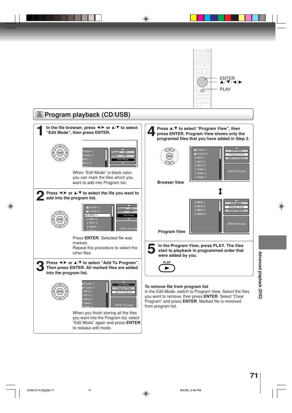 Program playback (cd/usb) | Toshiba MW26H82 User Manual | Page 71 / 84