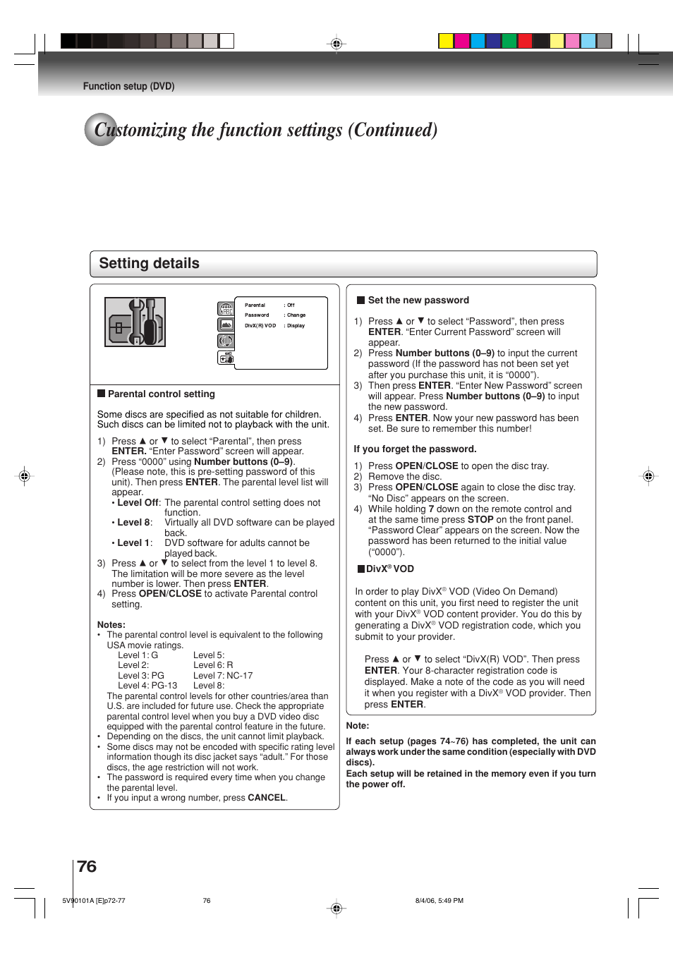 Customizing the function settings (continued), Setting details | Toshiba MW26H82 User Manual | Page 76 / 84