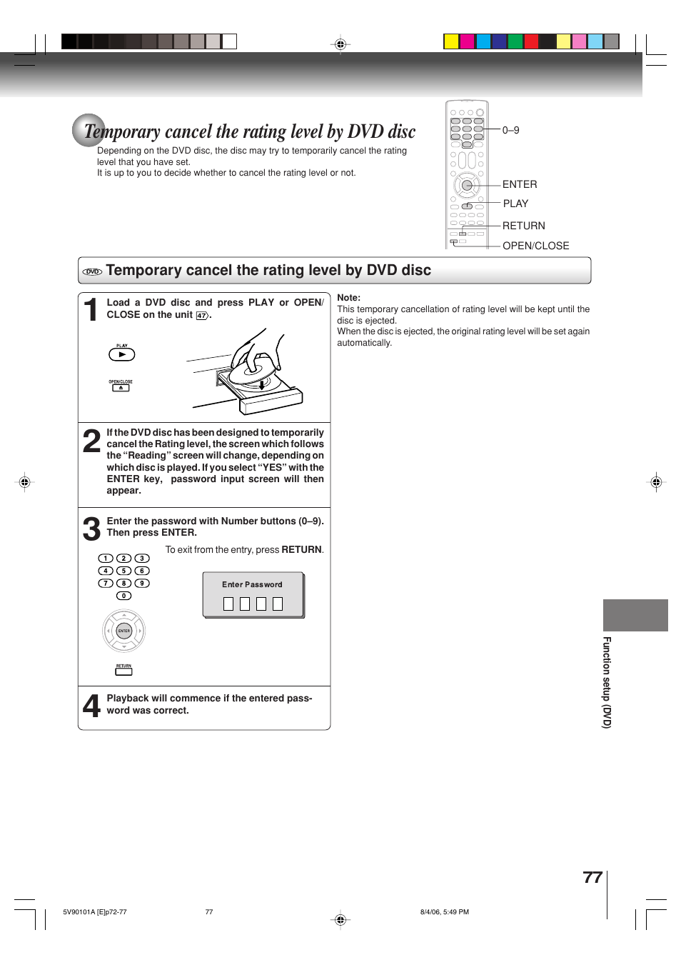 Temporary cancel the rating level by dvd disc | Toshiba MW26H82 User Manual | Page 77 / 84