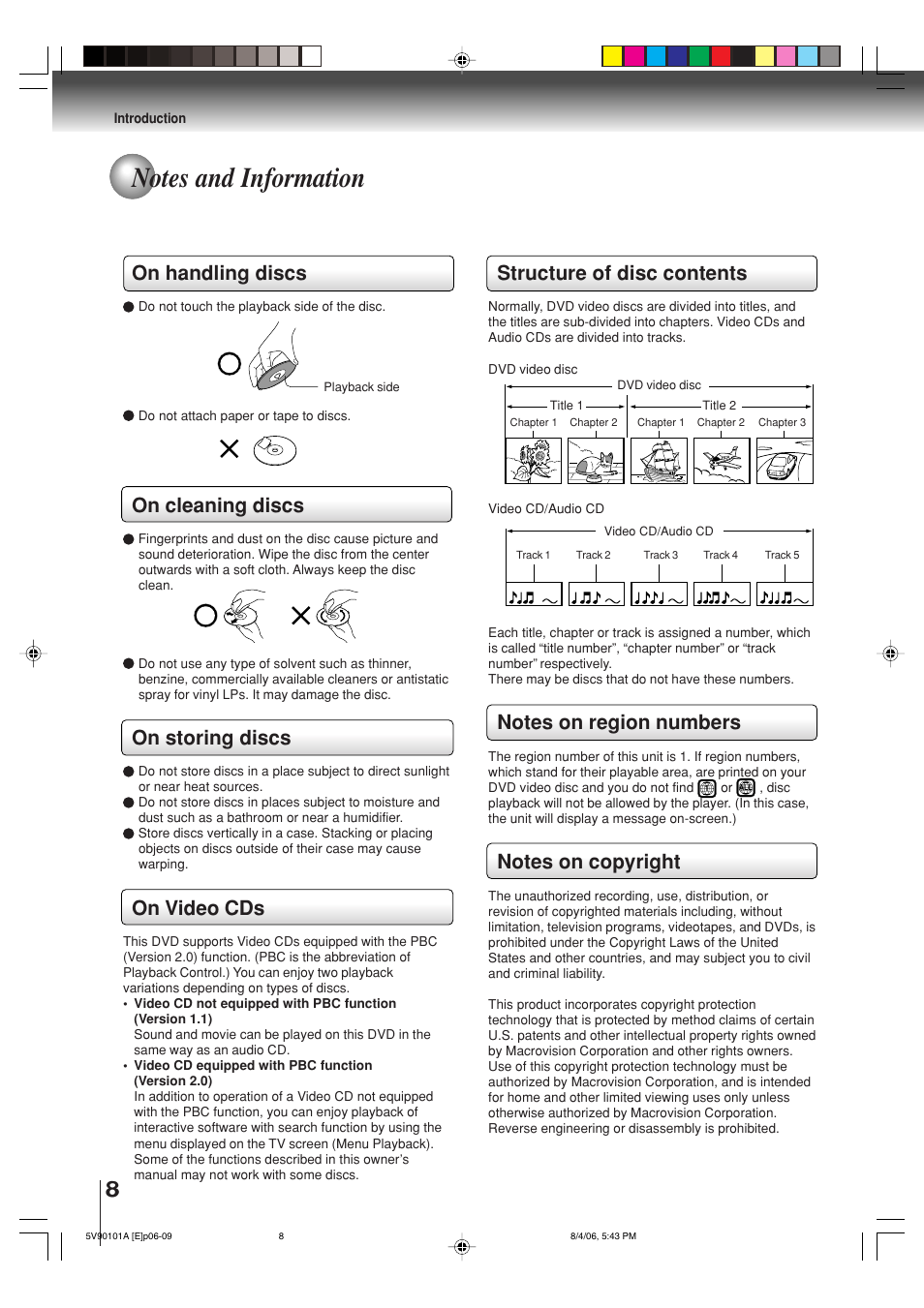 Structure of disc contents, On handling discs, On cleaning discs | On storing discs, On video cds | Toshiba MW26H82 User Manual | Page 8 / 84