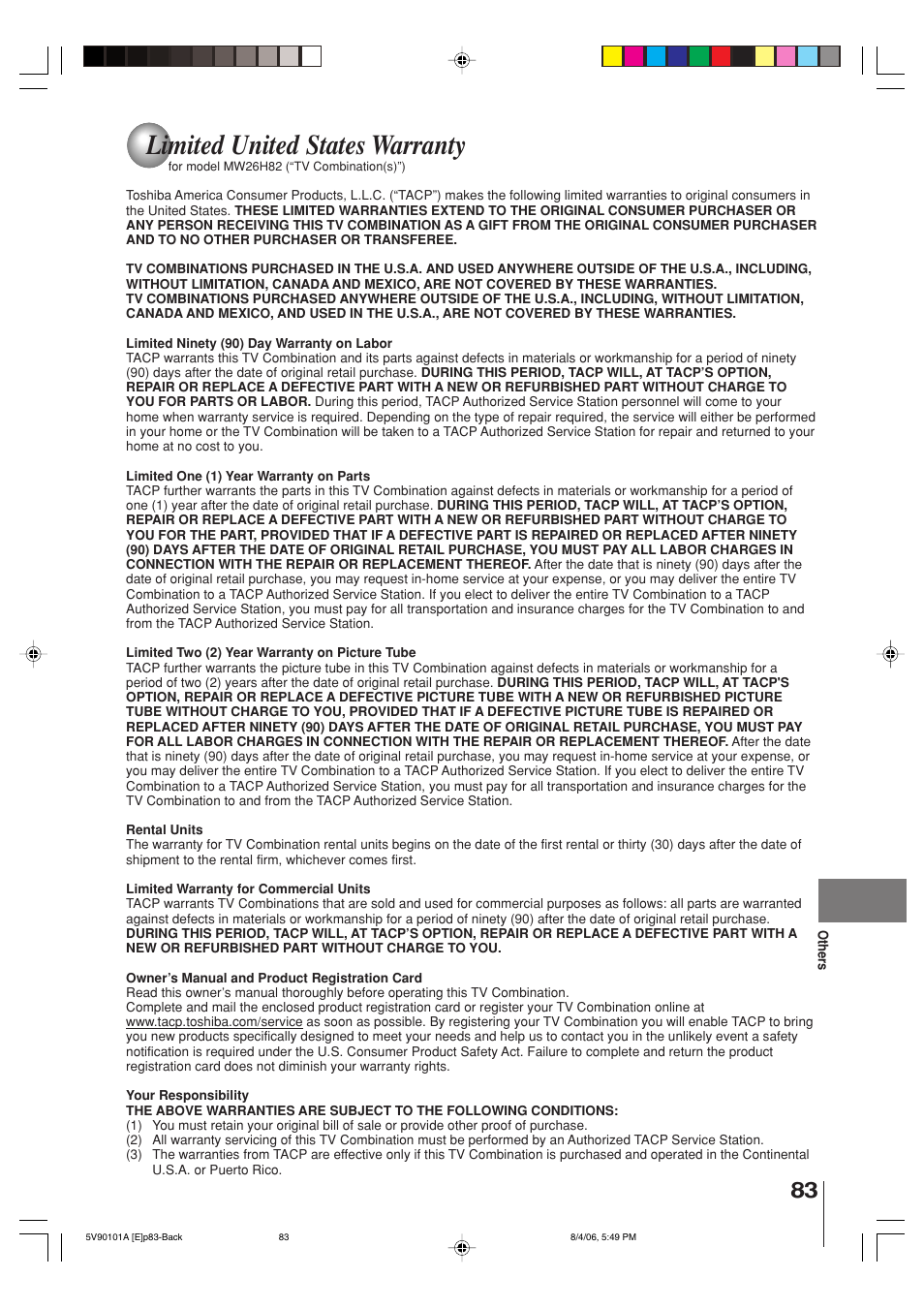 Limited united states warranty | Toshiba MW26H82 User Manual | Page 83 / 84