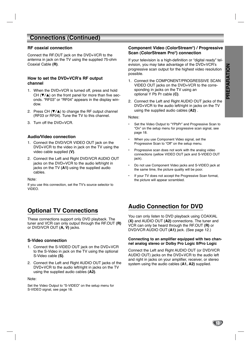 Connections (continued), Optional tv connections, Audio connection for dvd | Prep ara tion | Toshiba SD-KV540SU User Manual | Page 13 / 43