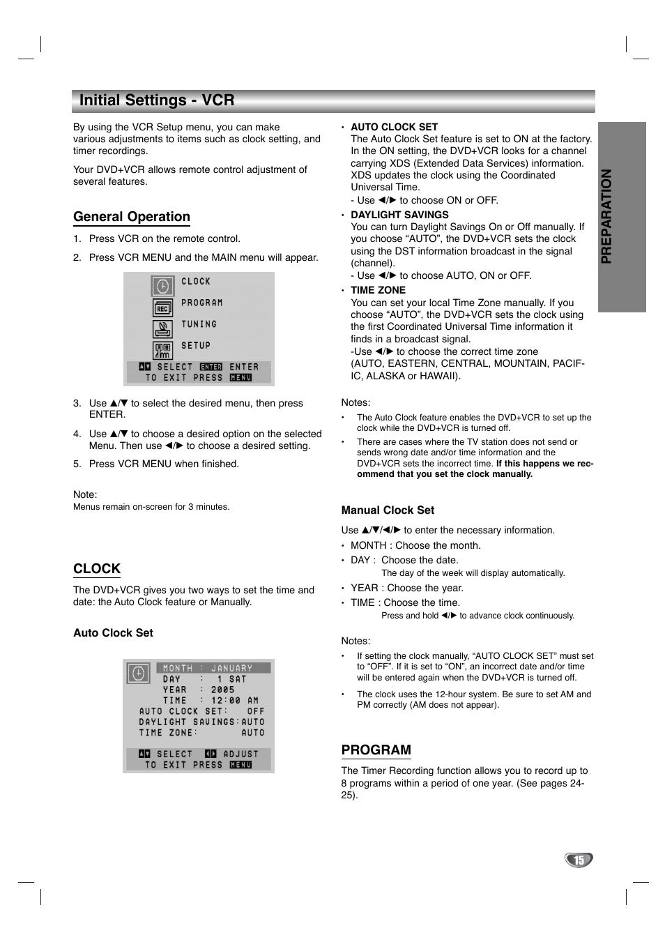 Initial settings - vcr, Prep ara tion, General operation | Clock, Program | Toshiba SD-KV540SU User Manual | Page 15 / 43