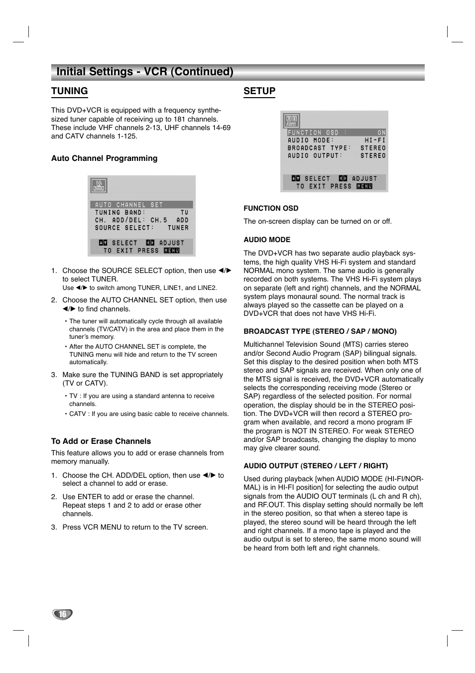 Initial settings - vcr (continued), Tuning, Setup | Toshiba SD-KV540SU User Manual | Page 16 / 43