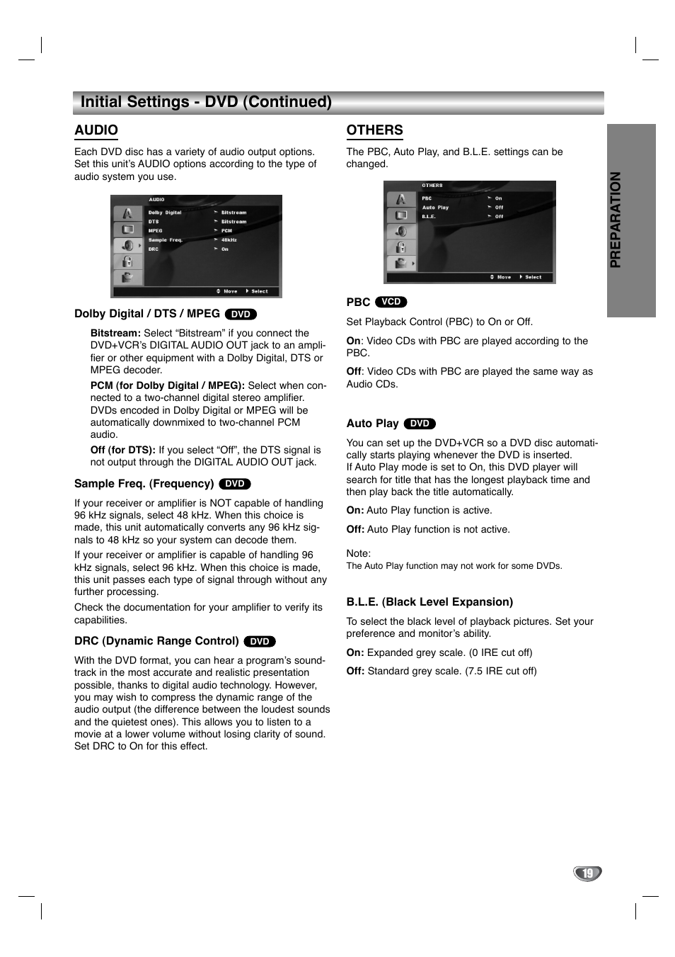 Initial settings - dvd (continued), Prep ara tion, Audio | Others | Toshiba SD-KV540SU User Manual | Page 19 / 43