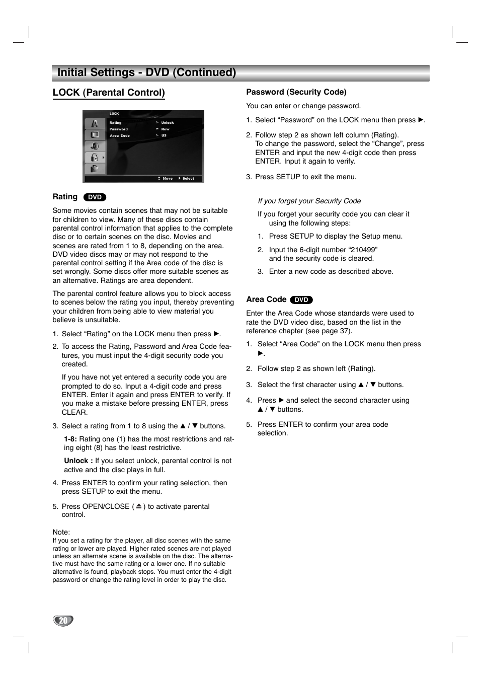 Initial settings - dvd (continued), Lock (parental control) | Toshiba SD-KV540SU User Manual | Page 20 / 43