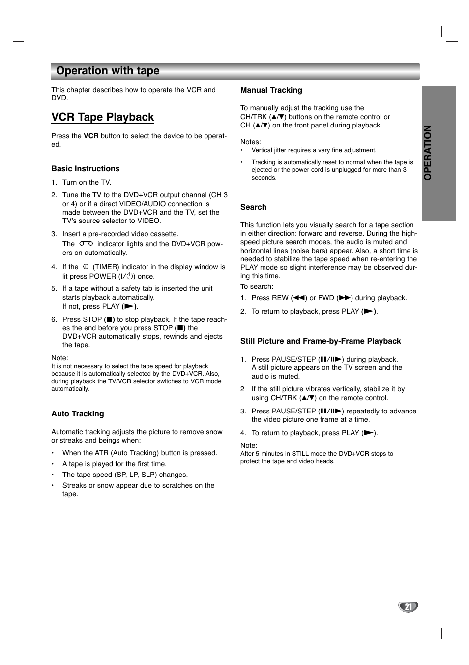 Operation with tape, Vcr tape playback, Opera tion | Toshiba SD-KV540SU User Manual | Page 21 / 43