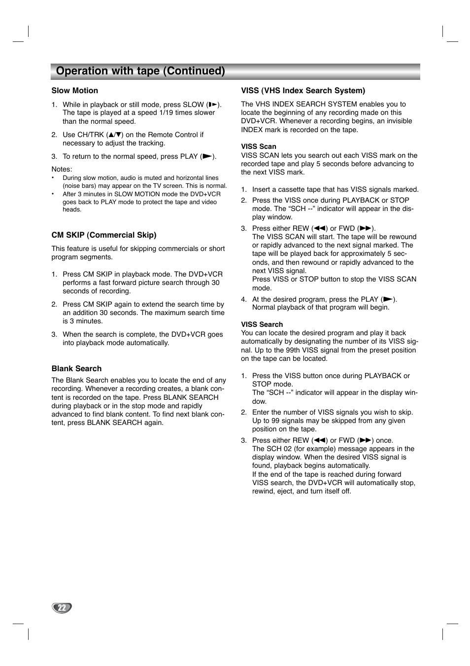 Operation with tape (continued) | Toshiba SD-KV540SU User Manual | Page 22 / 43