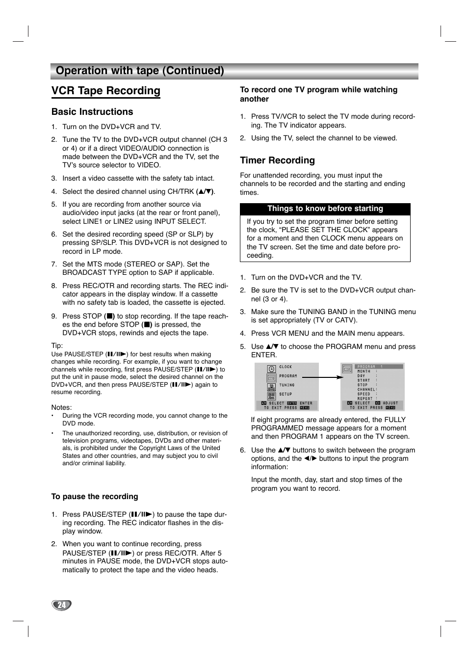 Operation with tape (continued) vcr tape recording, Basic instructions, Timer recording | Toshiba SD-KV540SU User Manual | Page 24 / 43