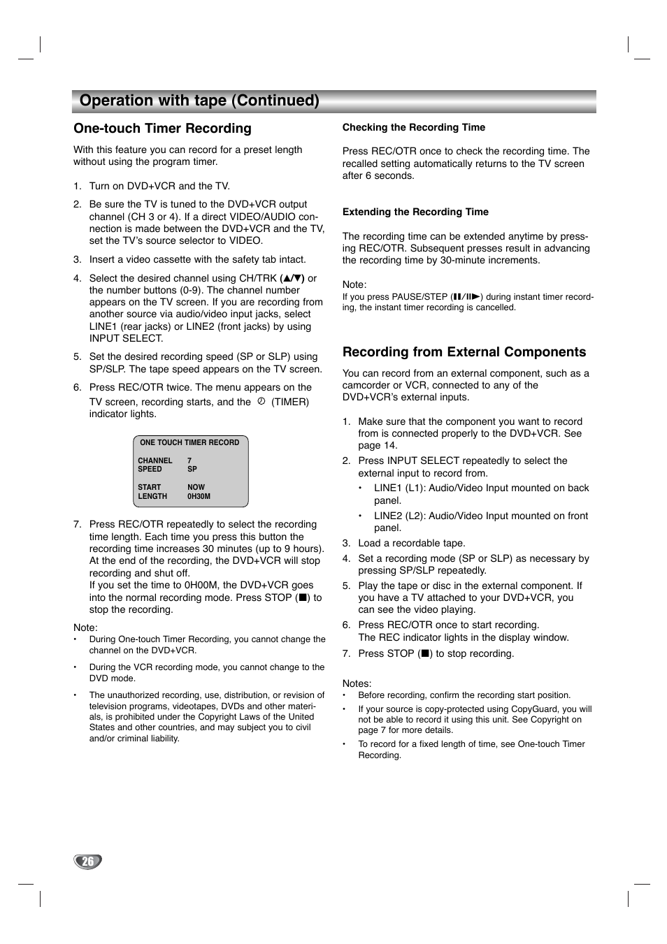 Operation with tape (continued), One-touch timer recording, Recording from external components | Toshiba SD-KV540SU User Manual | Page 26 / 43