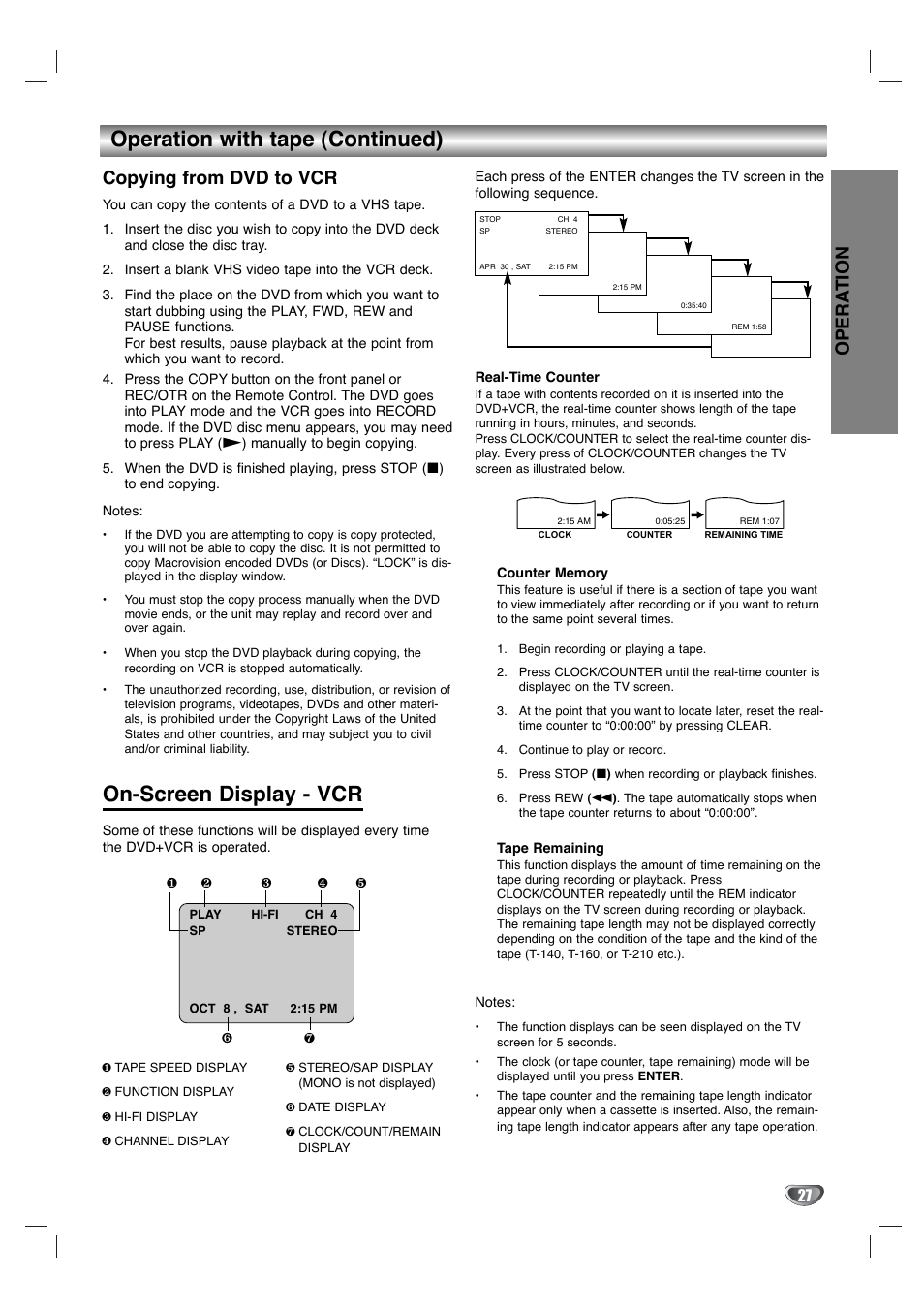 Operation with tape (continued), On-screen display - vcr, Opera tion | Copying from dvd to vcr | Toshiba SD-KV540SU User Manual | Page 27 / 43