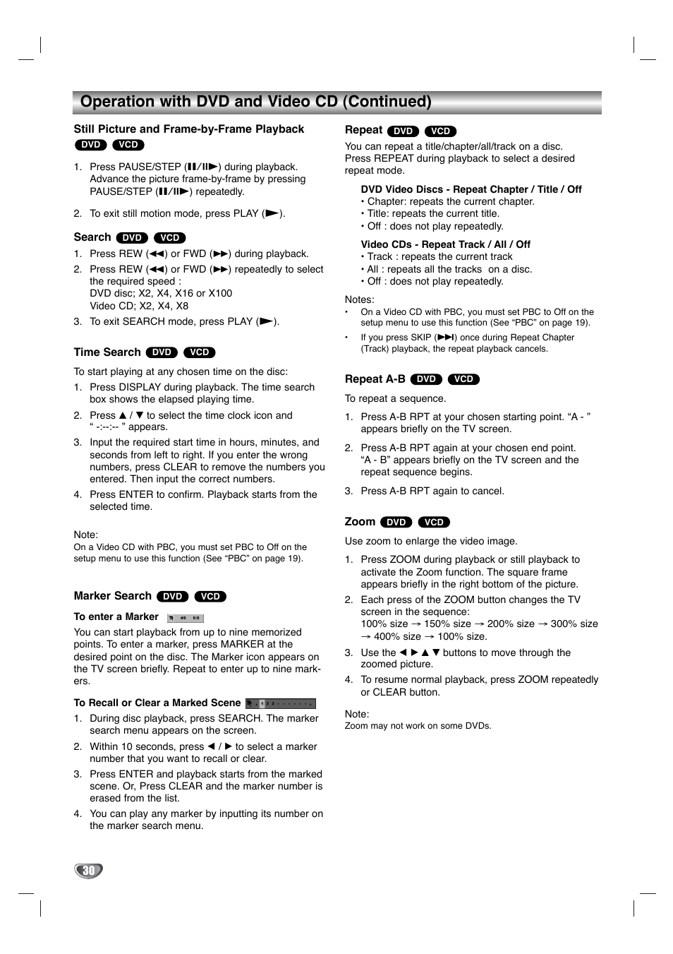 Operation with dvd and video cd (continued) | Toshiba SD-KV540SU User Manual | Page 30 / 43