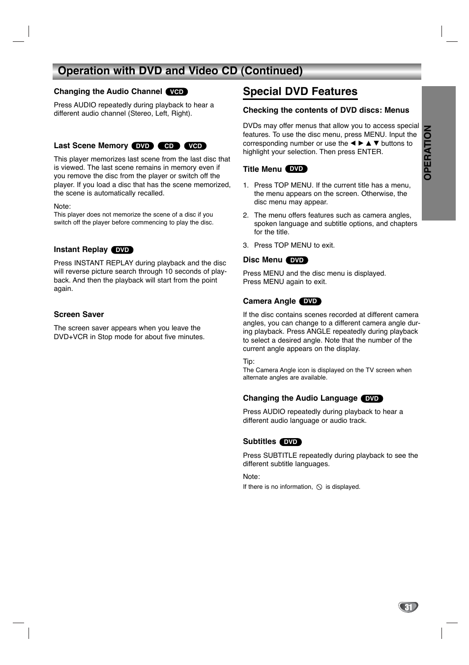 Operation with dvd and video cd (continued), Special dvd features, Opera tion | Toshiba SD-KV540SU User Manual | Page 31 / 43