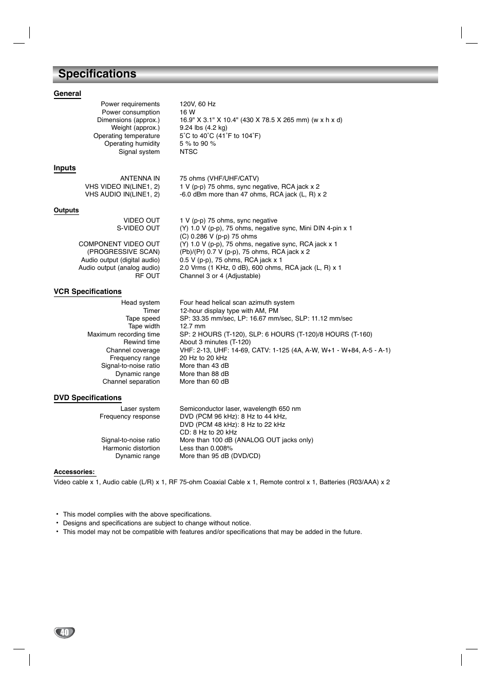 Specifications | Toshiba SD-KV540SU User Manual | Page 40 / 43