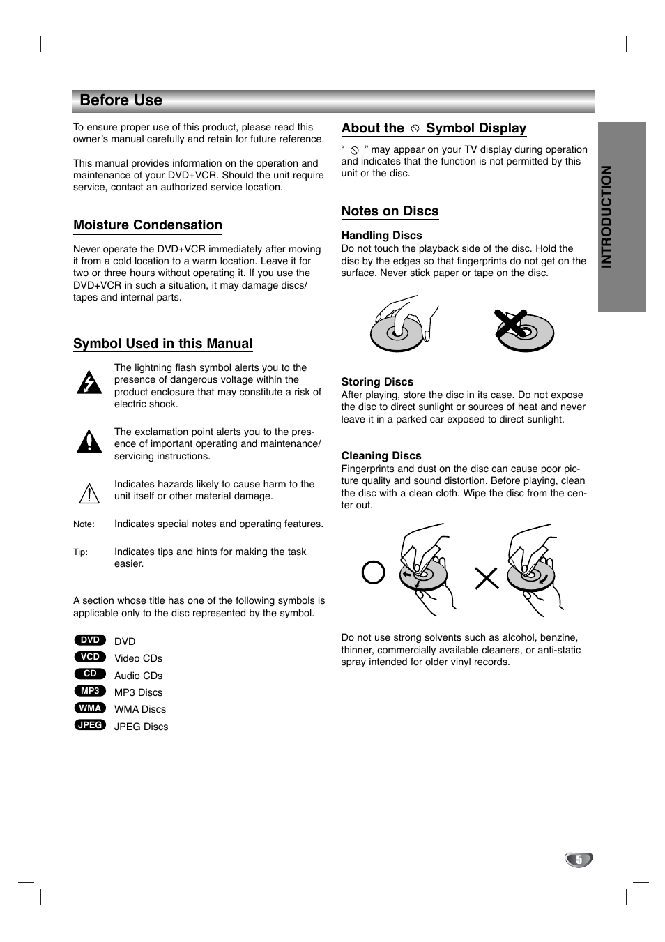 Before use, Introduction, Moisture condensation | Symbol used in this manual, About the symbol display | Toshiba SD-KV540SU User Manual | Page 5 / 43