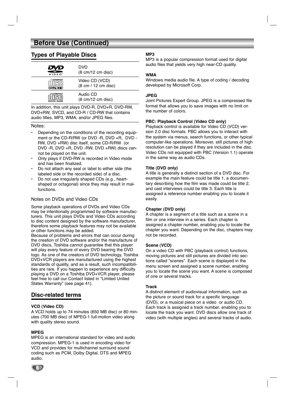 Before use (continued), Types of playable discs, Disc-related terms | Toshiba SD-KV540SU User Manual | Page 6 / 43