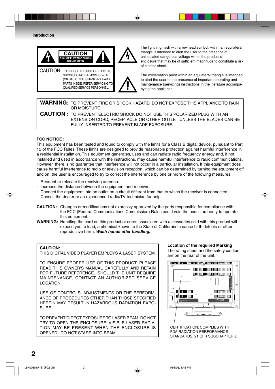 Warning, Caution | Toshiba 15DLV16 User Manual | Page 2 / 60