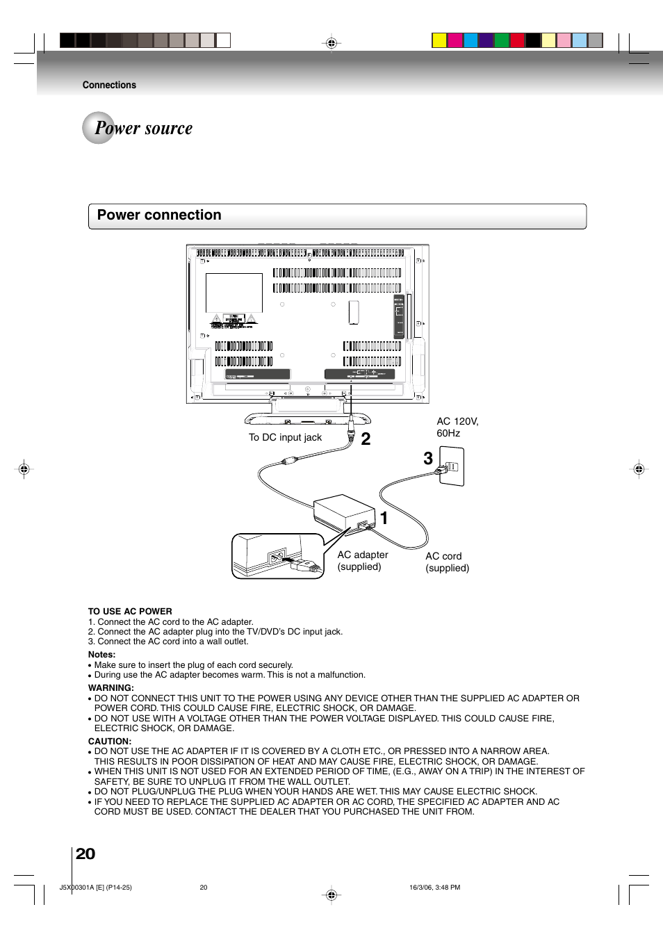 Power source, Power connection | Toshiba 15DLV16 User Manual | Page 20 / 60