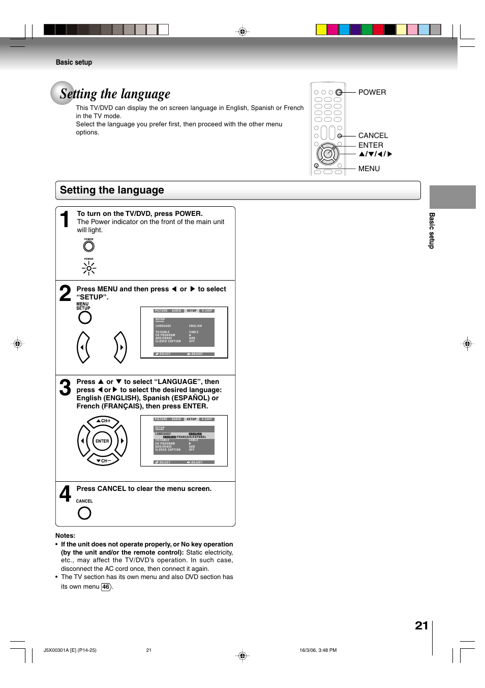 Setting the language | Toshiba 15DLV16 User Manual | Page 21 / 60