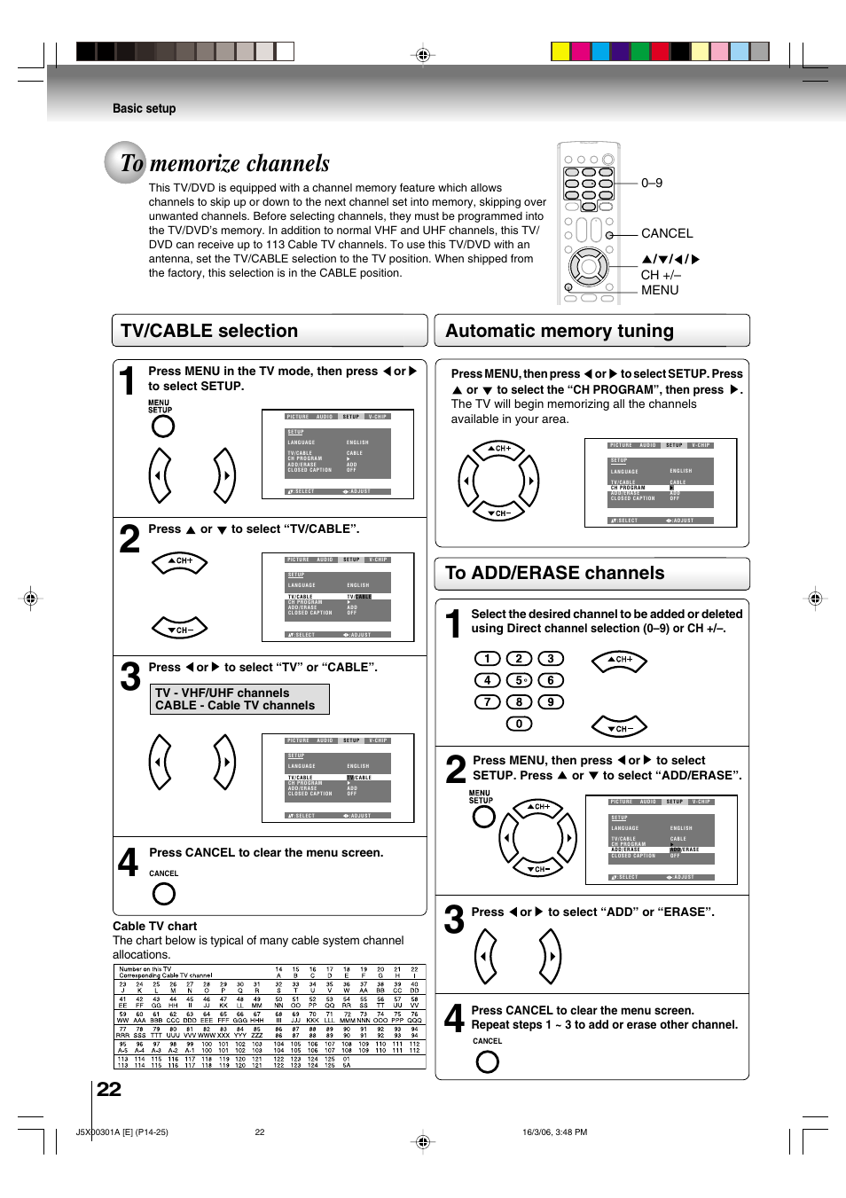 Tv/cable selection | Toshiba 15DLV16 User Manual | Page 22 / 60