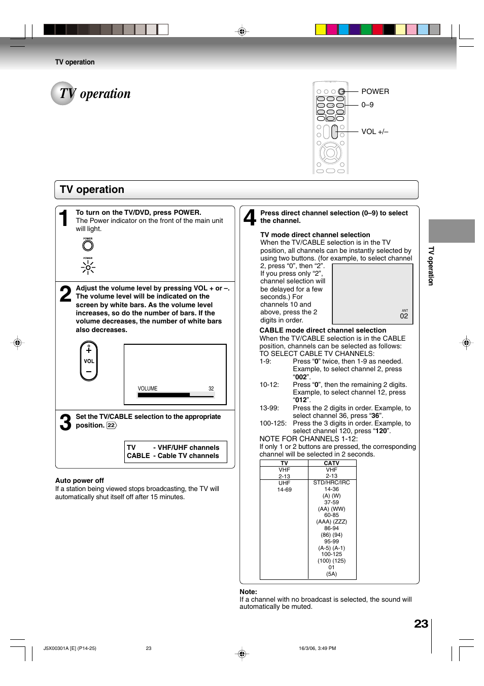 Tv operation | Toshiba 15DLV16 User Manual | Page 23 / 60