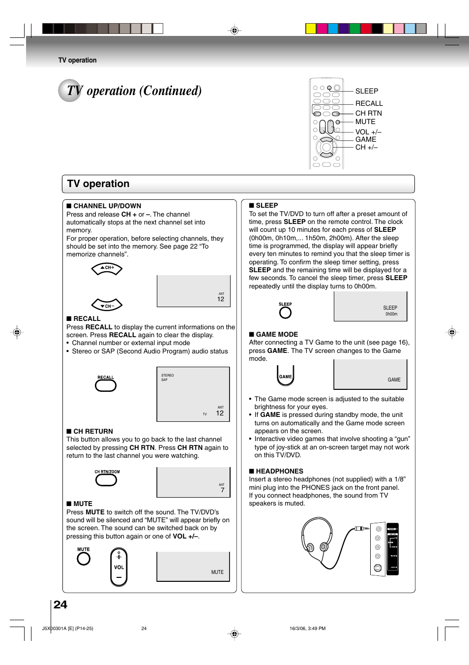 Tv operation (continued), Tv operation | Toshiba 15DLV16 User Manual | Page 24 / 60