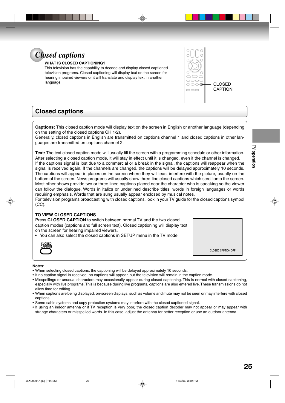 Closed captions | Toshiba 15DLV16 User Manual | Page 25 / 60